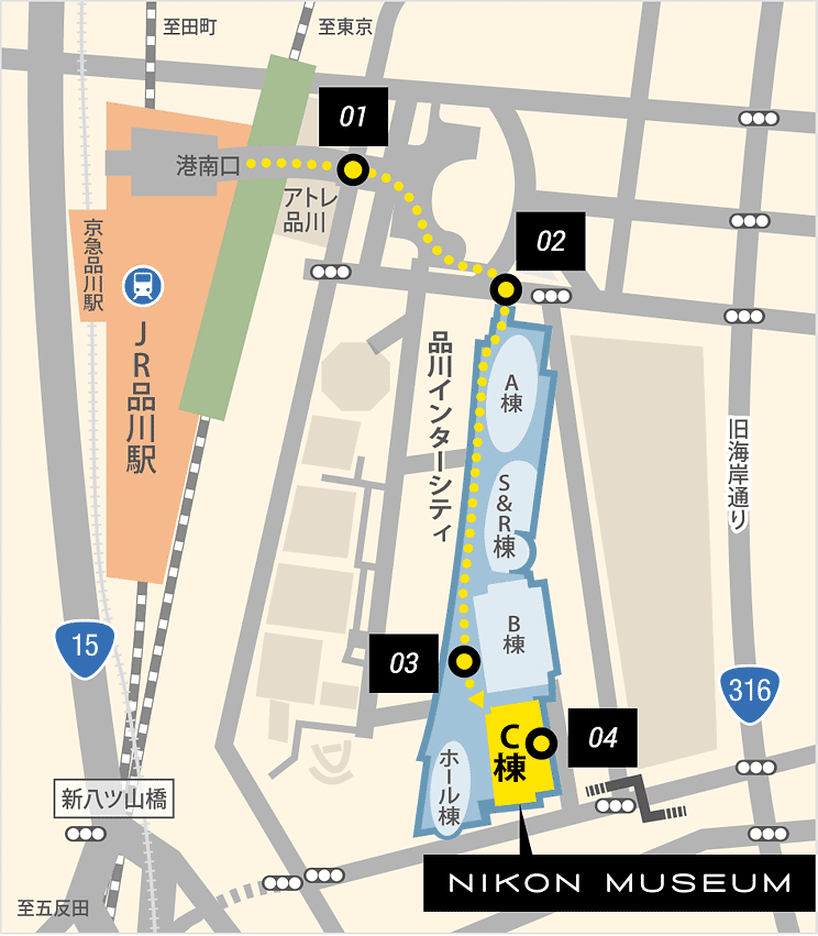 品川駅からニコンミュージアムの案内図