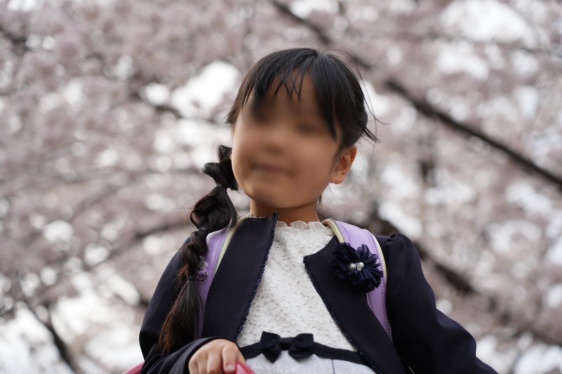 桜と子供の撮影でローアングルで見上げるように撮った写真